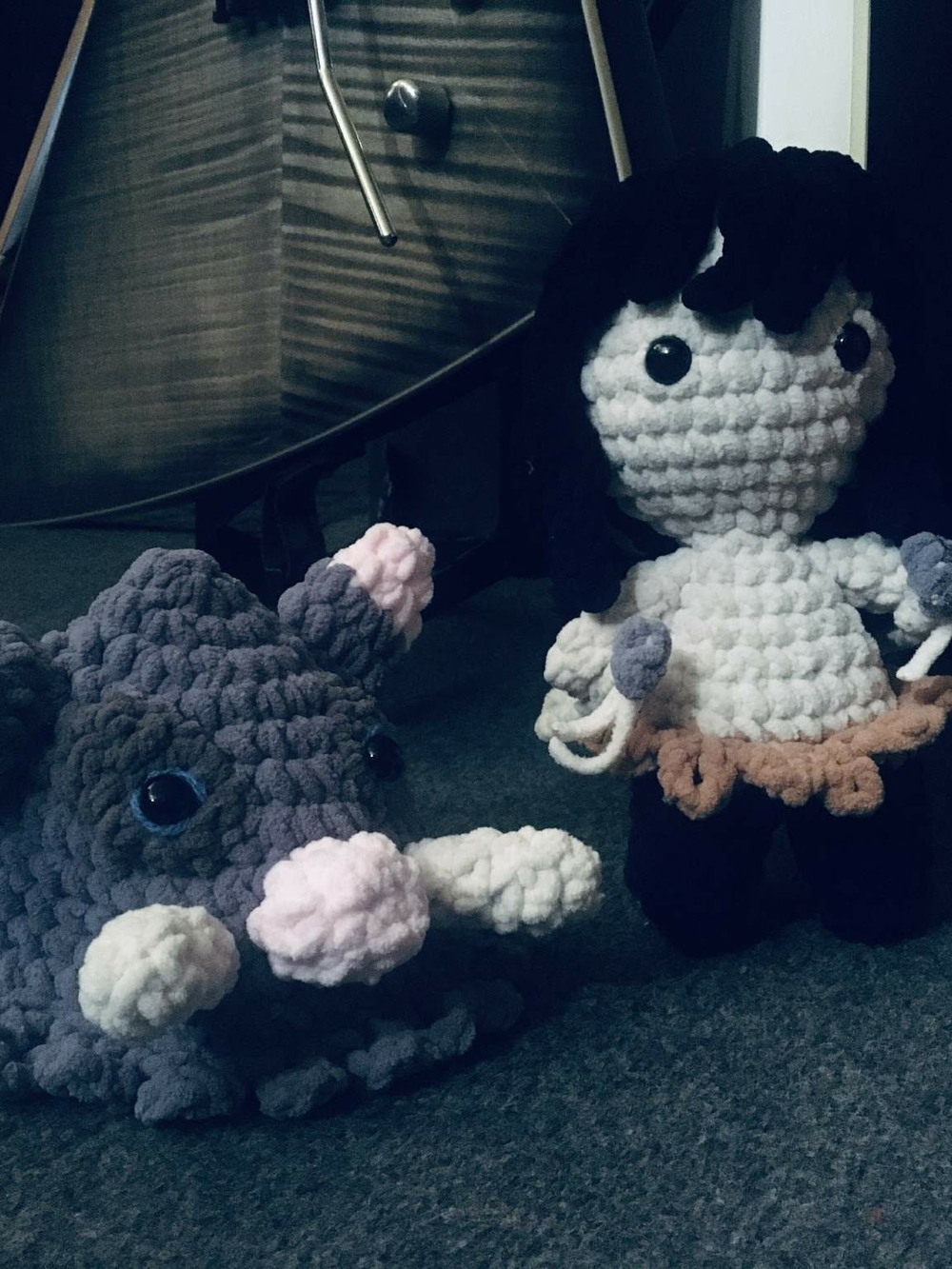 Handmade Chunky Crochet Doll & Plush Set - Gray, Cream, Pink, Black